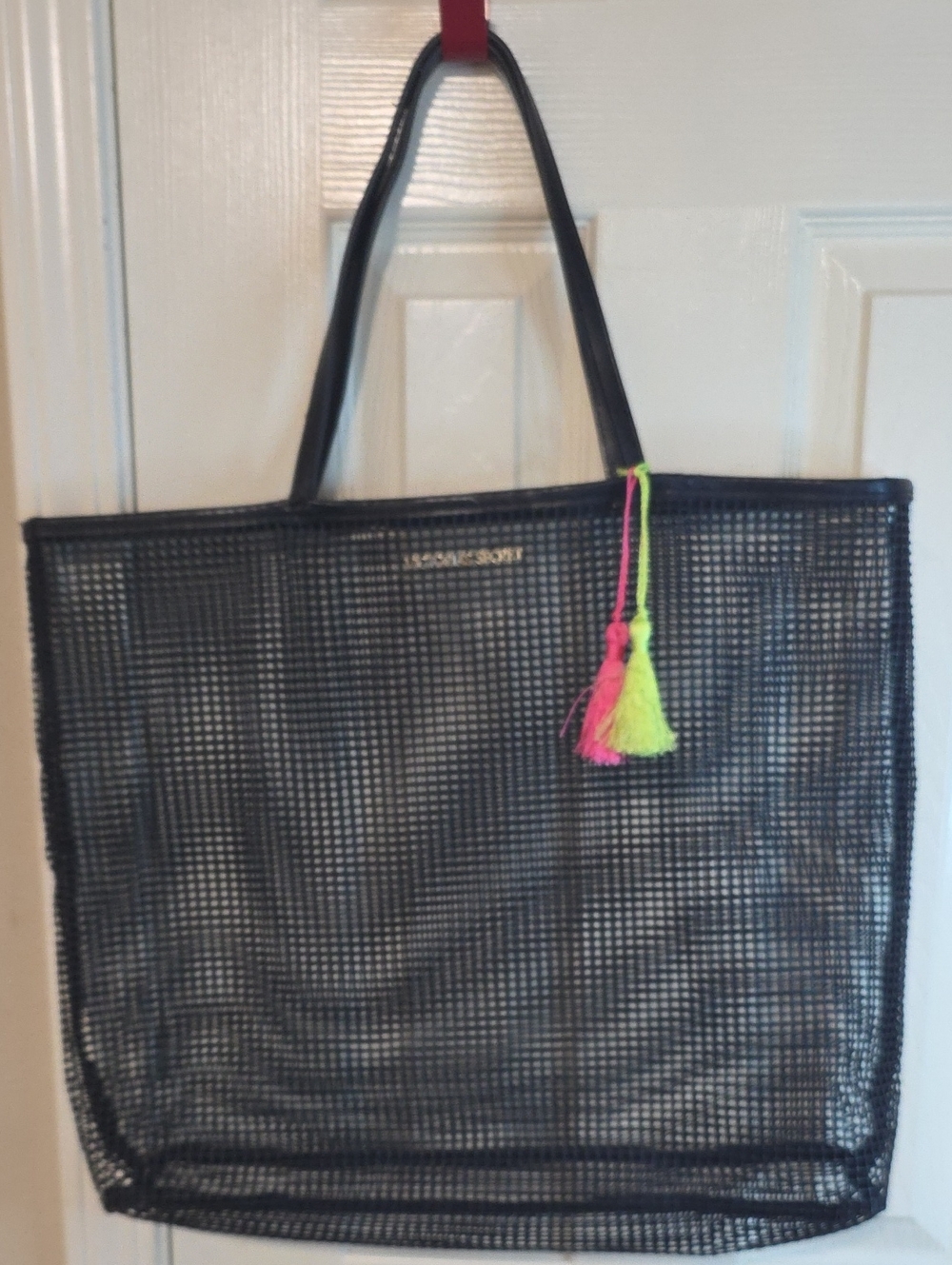 Victoria's Secret Black Mesh Tote with Neon Pink & Neon Yellow Tassel.